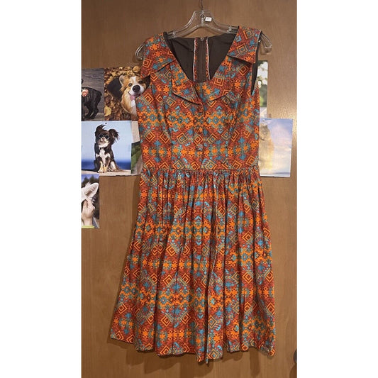 1960's Double Breasted Sleeveless Sun Dress Red Orange Teal Aztec Pattern