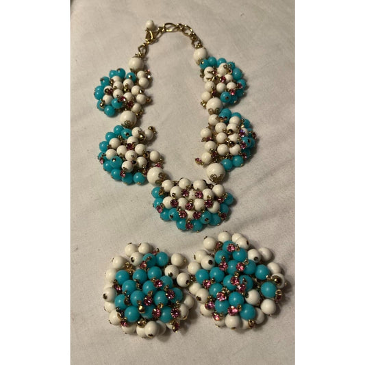 1960's MOD Statement Tremblant Bead and Rhinestone Necklace Earrings